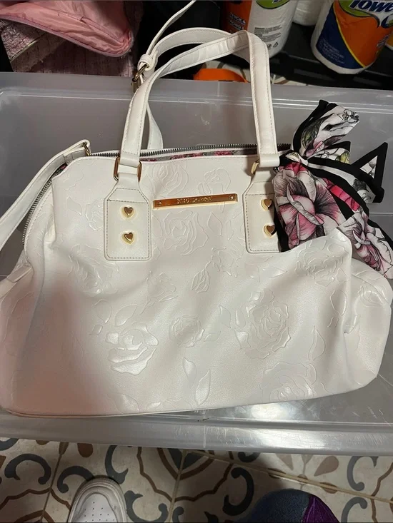 Betsey Johnson White Embossed Rose Satchel with Floral Scarf Accent
