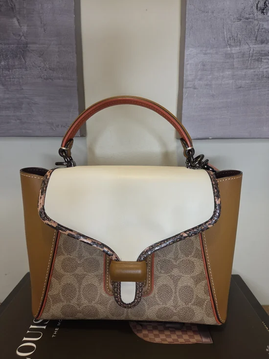 Coach Leather and Signature Canvas Top-Handle Satchel in Cream & Tan