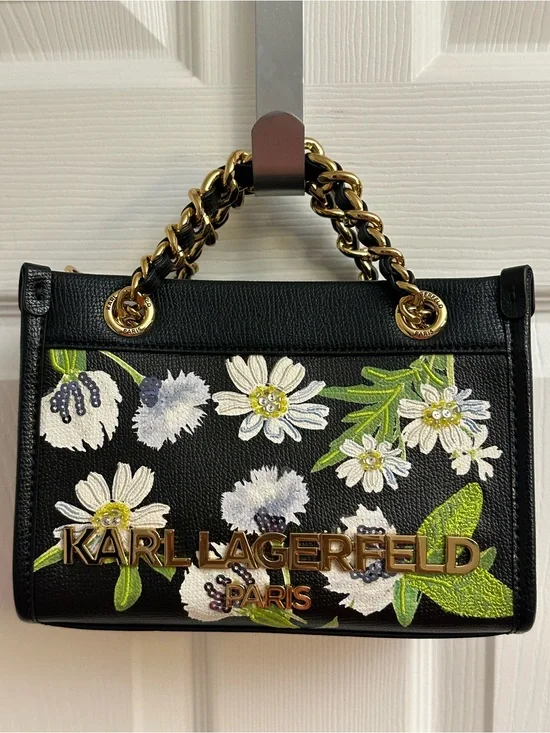 Karl Lagerfeld Black Floral Embroidered Satchel with Gold Chain