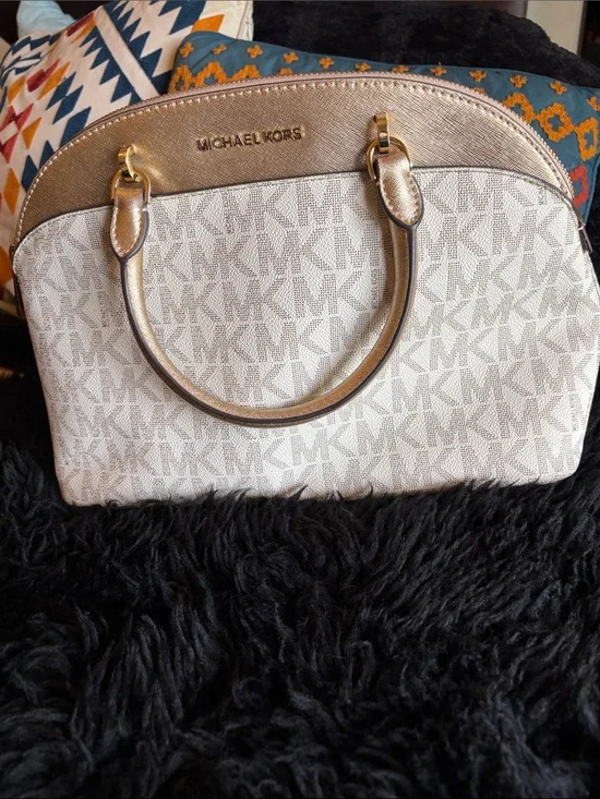 Michael Kors White and Gold Signature Dome Satchel