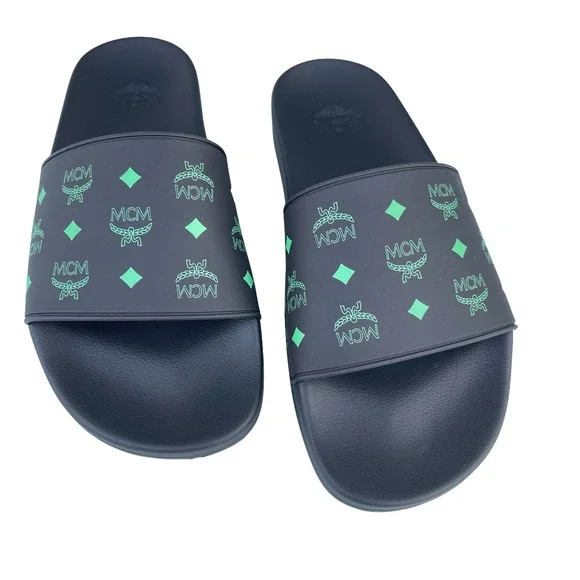 MCM Mens Black/Green Visetos Print Rubber‎ Slides Slippers, MEX CSSX01 JW0 EU42