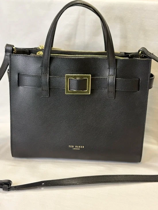 TED BAKER Black Leather Structured Satchel with Gold Buckle LIKE NEW $450