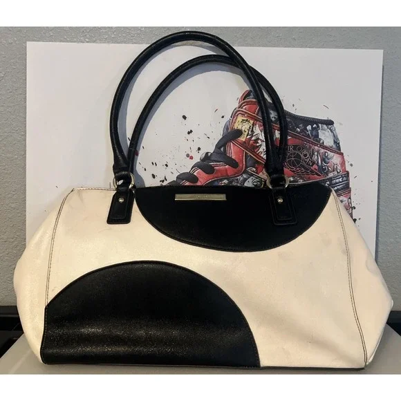 Anne Klein Black White Colorblock Satchel Handbag Top Handle Gold Hardware