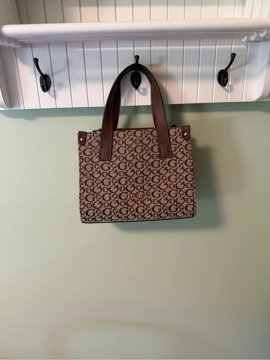 Guess Brown Monogram Satchel with Dark Brown Handles