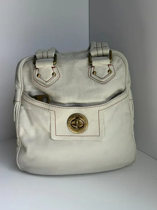 Marc by Marc Jacobs Cream Leather Turnlock Bag Antique Brass Y2K