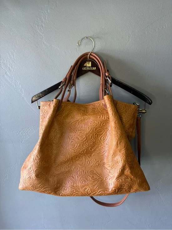 Isadora of Florence Large Tooled Italian Leather Tote Bag