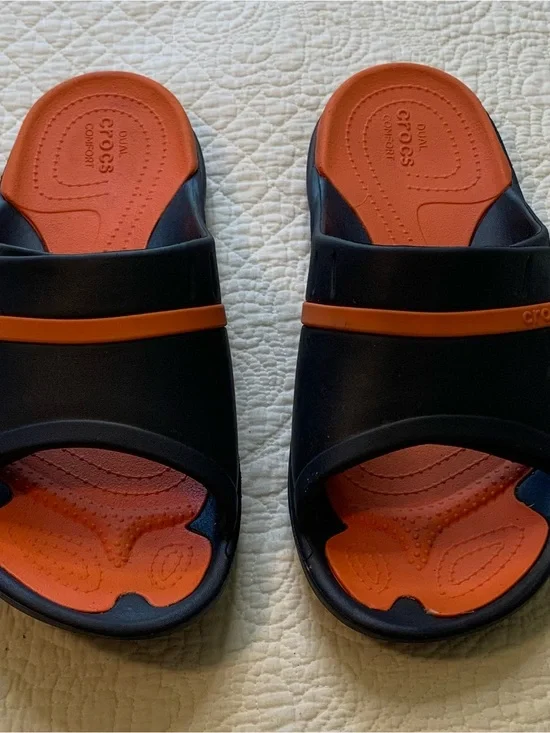 CROCS Modi Sport Slide Sandals in Navy and Orange with Dual-Comfort Cushion Bed