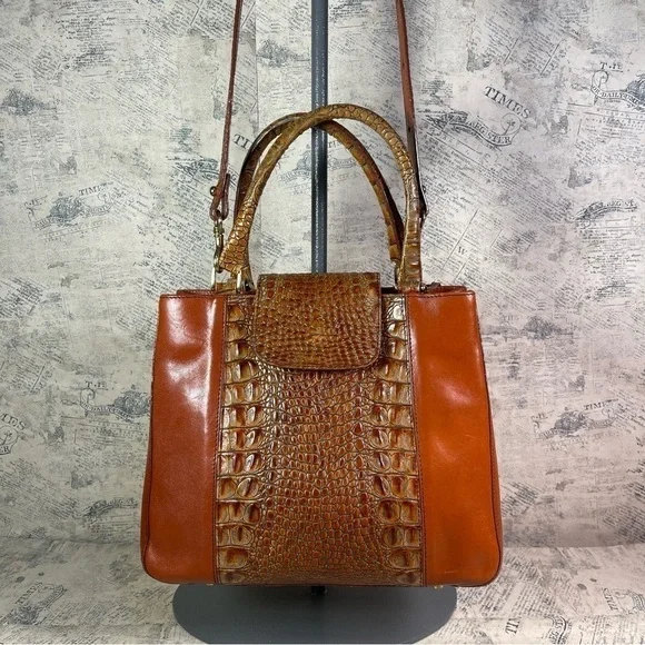 Vintage Brahmin Tuscan Brown Orange Croc Embossed Leather Satchel Crossbody Bag