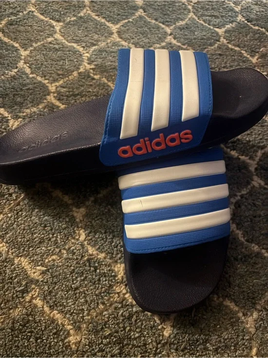 Men’s Adidas Blue & White Slide Sandals with Orange Logo