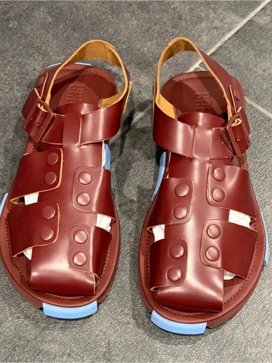 Camper Men's Burgundy Leather Fisherman Sandals with Light Blue Accents
