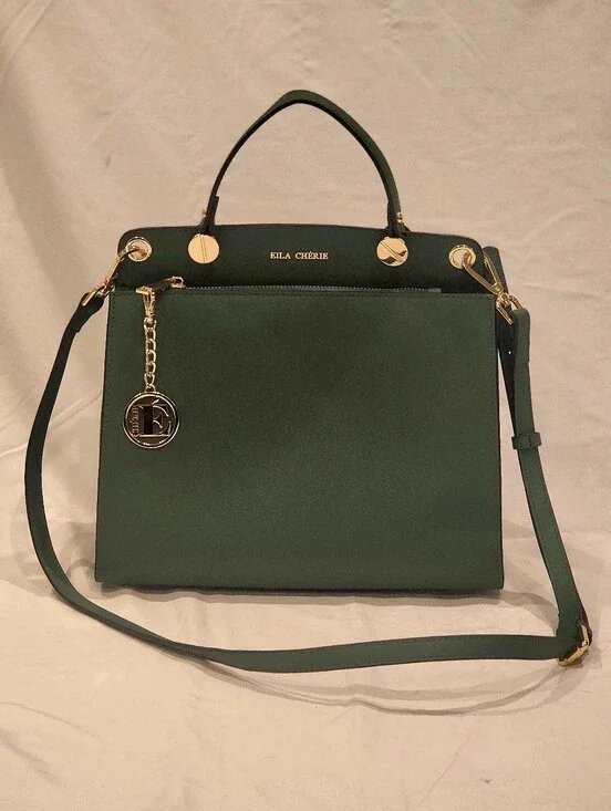 Emerald Green Ella Cherie Top-Handle Satchel with Gold Charm/Gingham Interior
