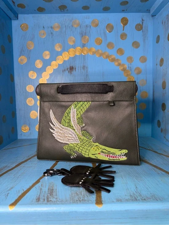 Min&Mon Green Leather Purse with Embroidered Crocodile