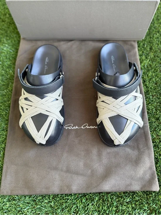 Rick Owens Mens Black Leather Slide Sandals with Cream Straps