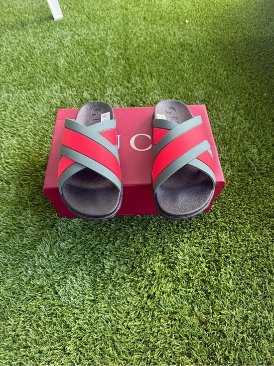 Gucci Men’s Red and Green Cross-Strap Slide Sandals