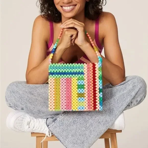 SUSAN ALEXANDRA Rainbow Colorful Beaded Beautiful Geometric Top Handle Bag