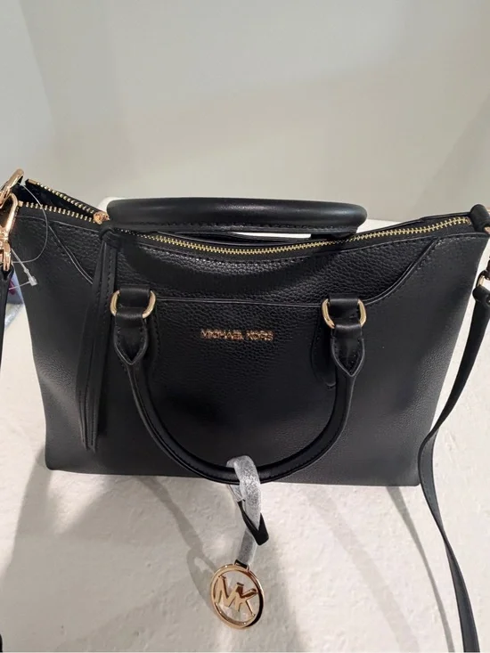 Michael Kors Black Pebbled Leather Satchel with Gold Hardware
