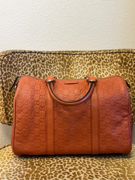 💯Authentic! GUCCI GG Guccissima Medium Joy Boston Bag Brown/Orange/Rust Leather