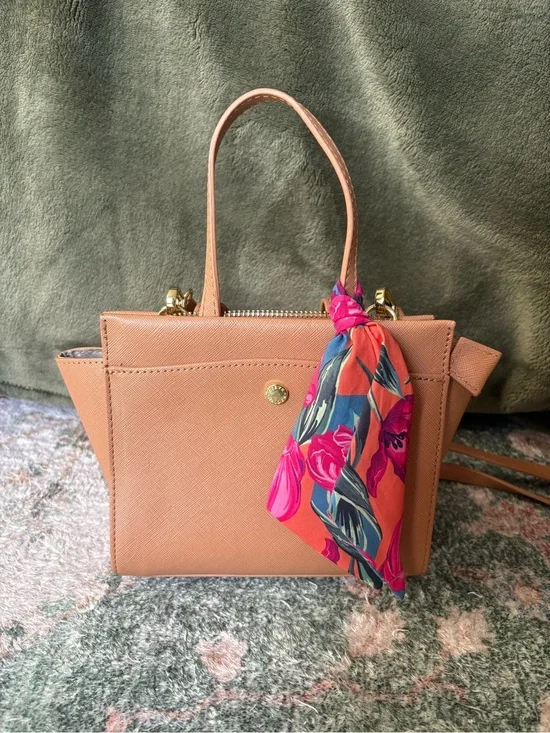Steve Madden Tan Saffiano Satchel with Pink Floral Scarf Accent