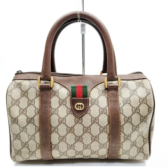 Gucci Brown and Beige GG Canvas Satchel with Green & Red Web