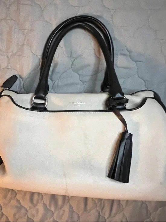 Coach Two-Tone Leather Satchel in Cream and Black with Tassel