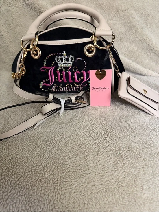 Juicy Couture Black & Cream Jeweled Logo Dome Satchel with Pink Accents