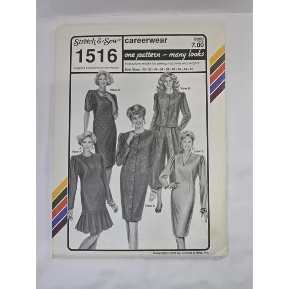 Vintage 1990s Stretch & Sew Ann Person Sewing Pattern 1516 - Careerwear