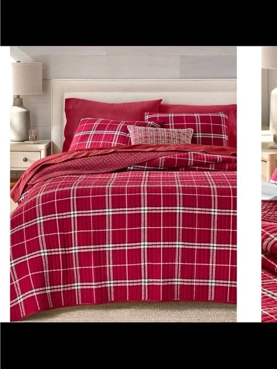 NWT charter club brushed cotton plaid 3-pc quilt set red king MSRP $335