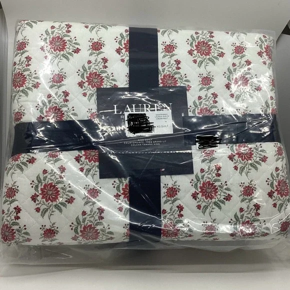 Lauren Ralph Lauren Maren King Quilt Floral Red Cream Striped Reverse 92x108 NEW