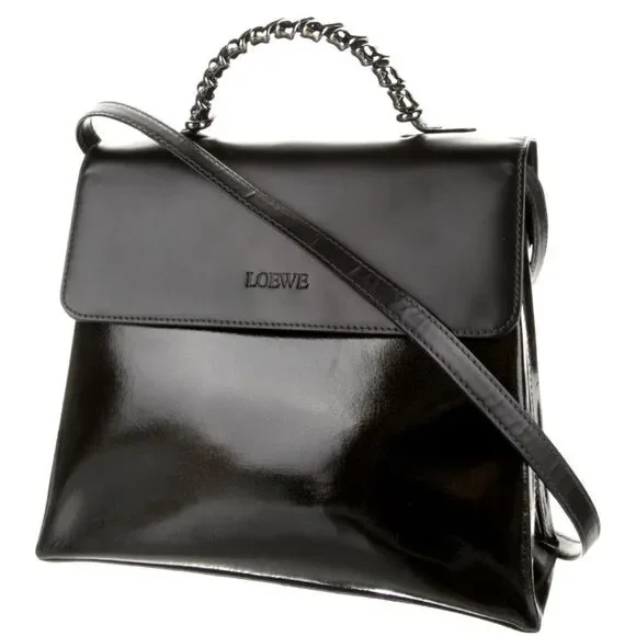 Auth Loewe Black Green Leather Top Handle 2way  Satchel Preloved Vtg Purse Bag