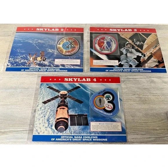 3 Vtg Official NASA Emblem Patch SKYLAB 2, 3 & 4 With Mission Data Card Facts