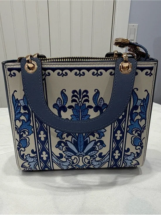 Sino Blue Floral Embroidered Small Leather Top-Handle Women’s Bag. NEW!