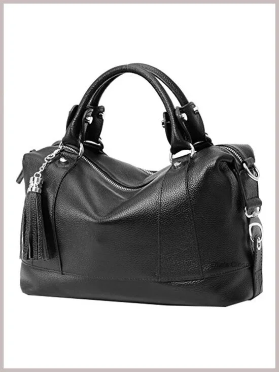 Genuine Leather Satchel Tote Shoulder Handbag with Fringe, Adjustable Strap