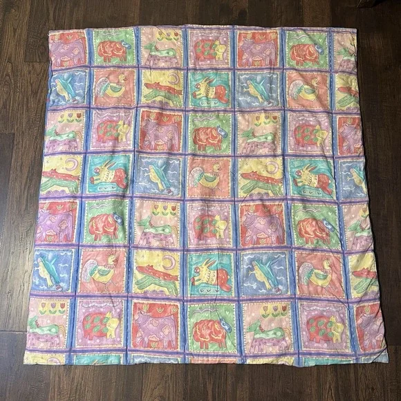 Vtg Concord Fabric Blanket Farm Animal 41x43 Kessler Crib Quilt 90s Y2K Folk Art