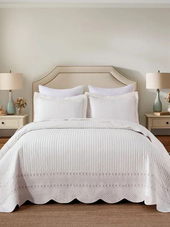 3 PIECE 100% COTTON WHITE STRIPE QUILT SET – CLASSIC EMBROIDERED BEDSPREAD