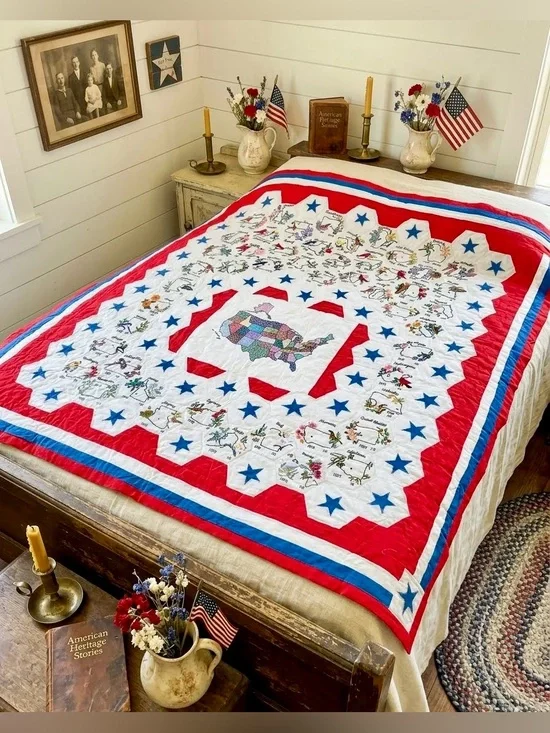 Rare Hand Stitched Patriotic Americana USA Map Quilt 98