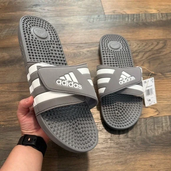 NEW Adidas‎ Adissage Stripe Gray Slip-On Sandals Rubber Slides Mens Size 18