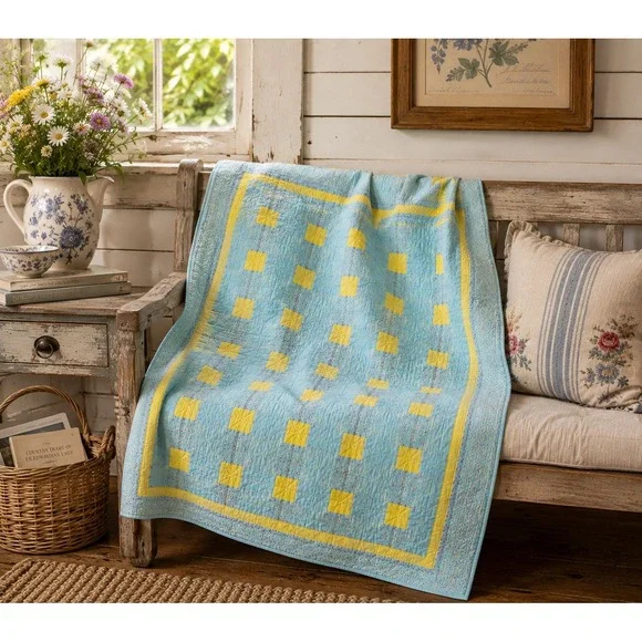 Handmade‎ Tied Patchwork Quilt Green Yellow Block 50x44 Cottagecore Farmhouse