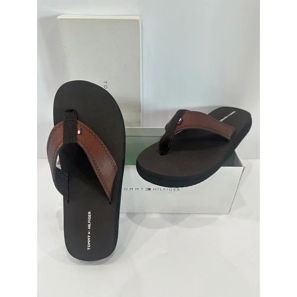 Tommy Hilfiger Mens Clemens Flip Flop Sandals Brown Leather Size 8 TWCLEMENS-SS