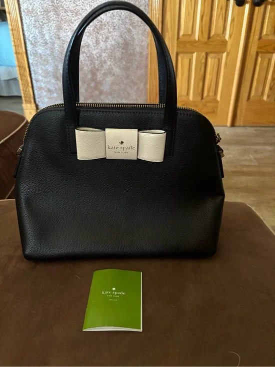 kate spade Black Leather Satchel with Cream Bow Accent