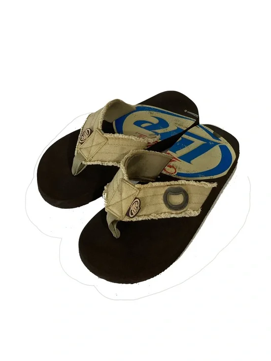 MILLER LITE Sandals Men 8 Brown Canavas Thong Beige Logo Graphic