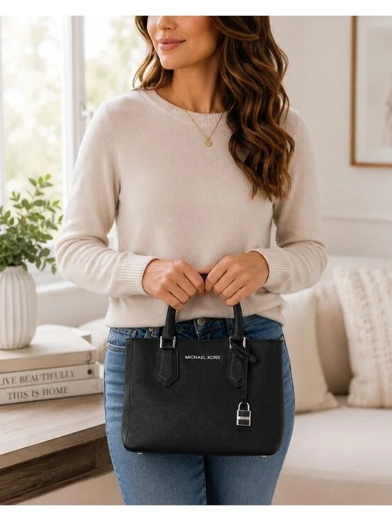 Michael Kors Adele Black Pebbled Leather Satchel Crossbody Bag Silver Hardware