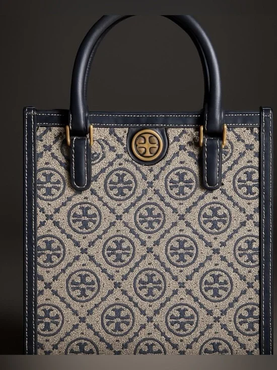Tory Burch T Monogram Jacquard Mini Tote, featuring a structured blue and cream.