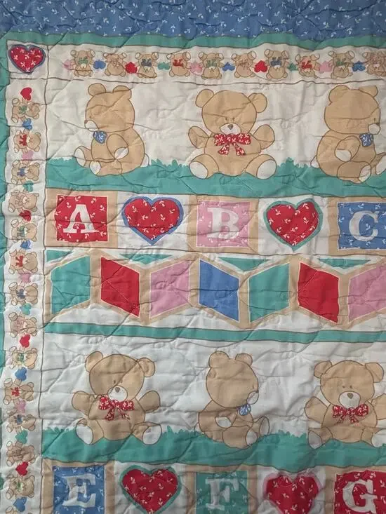 Vintage Teddy Bear Blocks Baby Quilt 39x32 Handmade Crib Quilt 90s