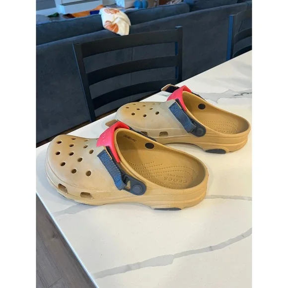 Crocs Classic Tan Clogs Red Blue Strap Comfort Slip On Shoes Men Women Size 9 11