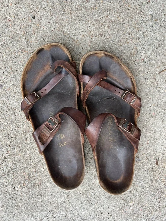 Birkenstocks Brown Leather Slide Sandals with Adjustable Buckles