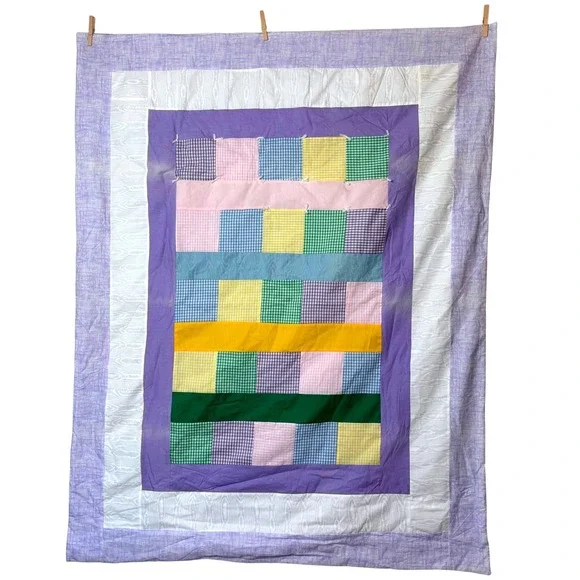 Vtg Cottagecore Patchwork Baby Quilt Purple Gingham Pastel 1999 53x41 Handmade