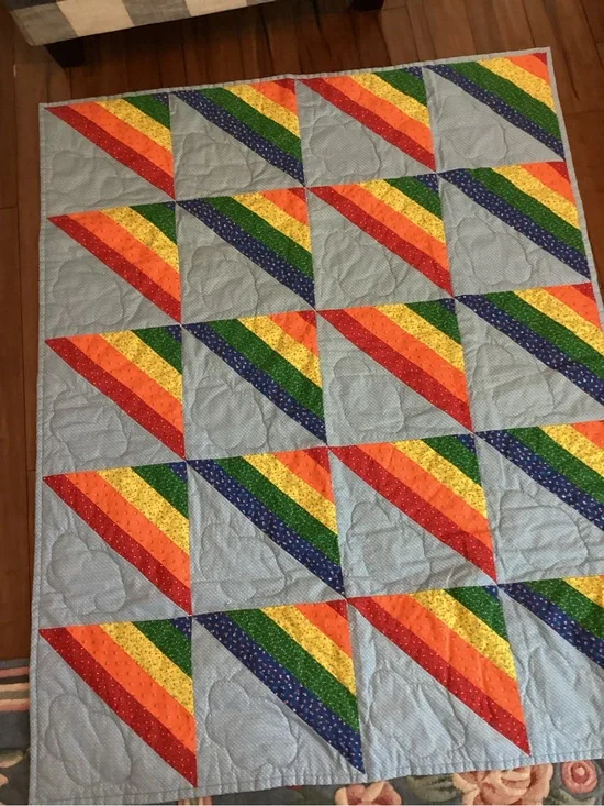 Handmade Rainbow Stripe Patchwork Quilt Light Blue Cloud Background Cottegecore