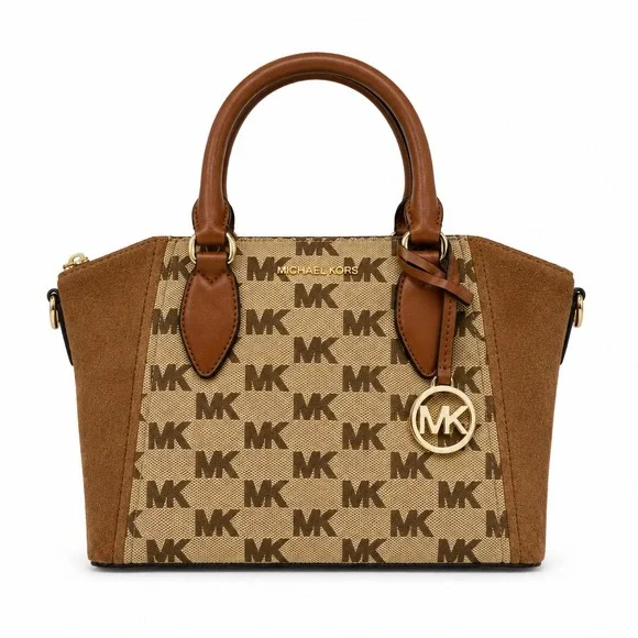 Michael Kors Sienna Small Satchel Beige Ebony Logo Canvas Suede 38T6G4SS1J