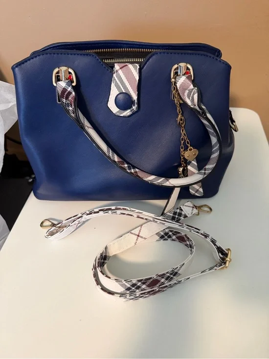 Navy Structured Satchel Handbag with Plaid Accents