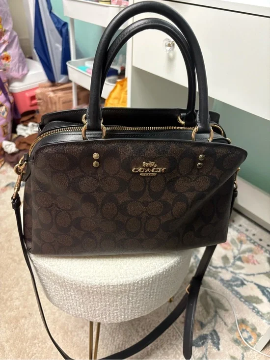 Coach Brown Signature Dome Satchel with Black Handles and Gold Hardware